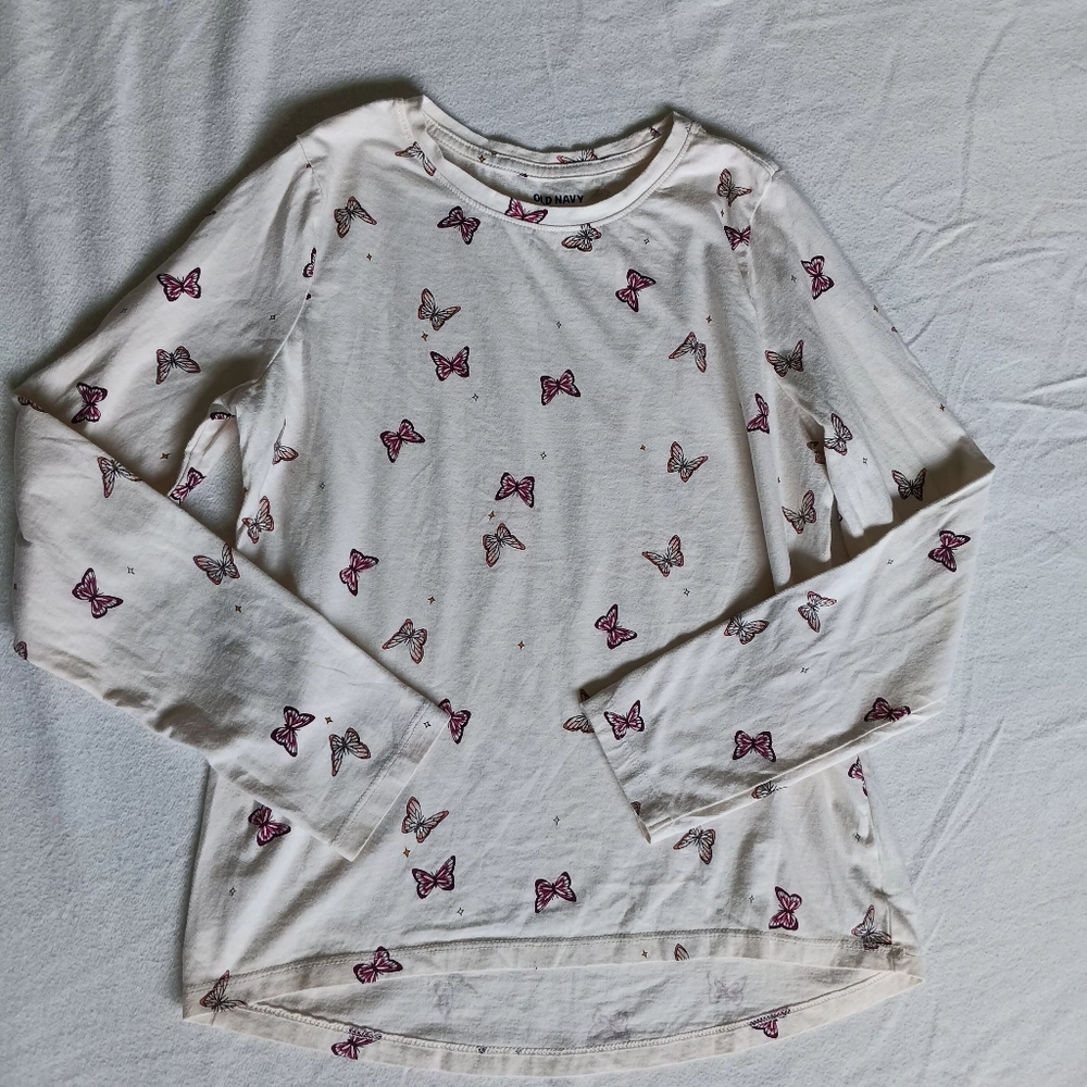 Old Navy White Tee with Pink Butterfly Design